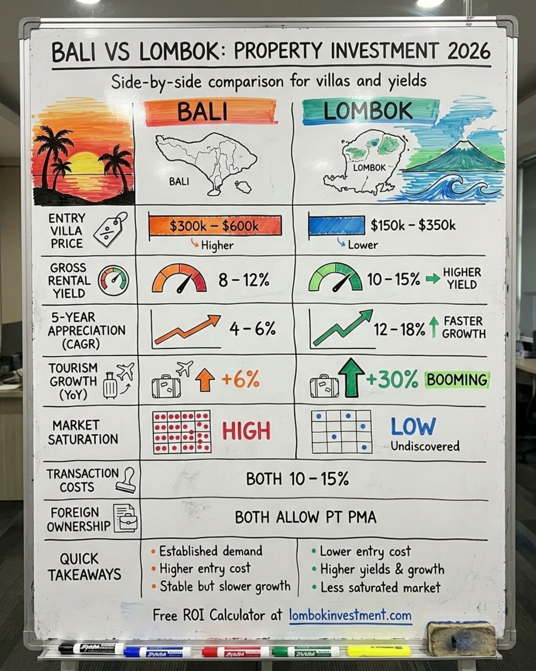 Bali vs Lombok property investment comparison infographic 2026 showing yields prices and appreciation