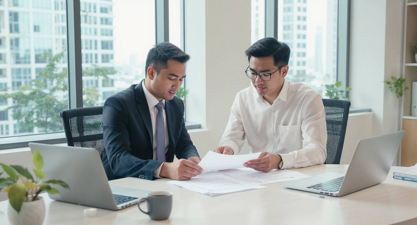 Property buyer and notaris reviewing purchase documents in a professional office in Lombok Indonesia