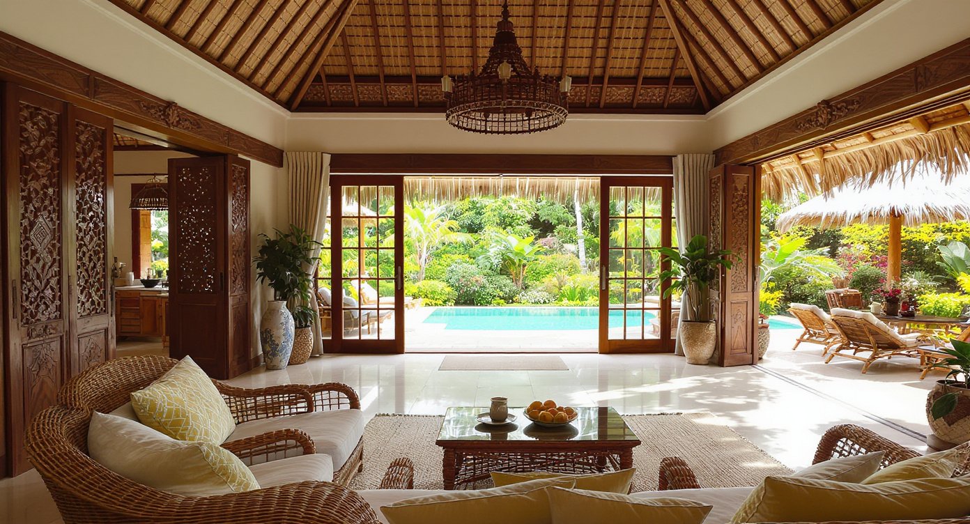 Interior of luxury holiday rental villa in Lombok Indonesia with Sasak wood accents and pool view