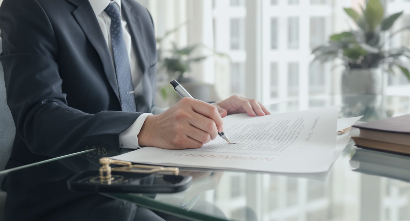 Business professional signing PT PMA company formation documents with notary stamp in Indonesian office
