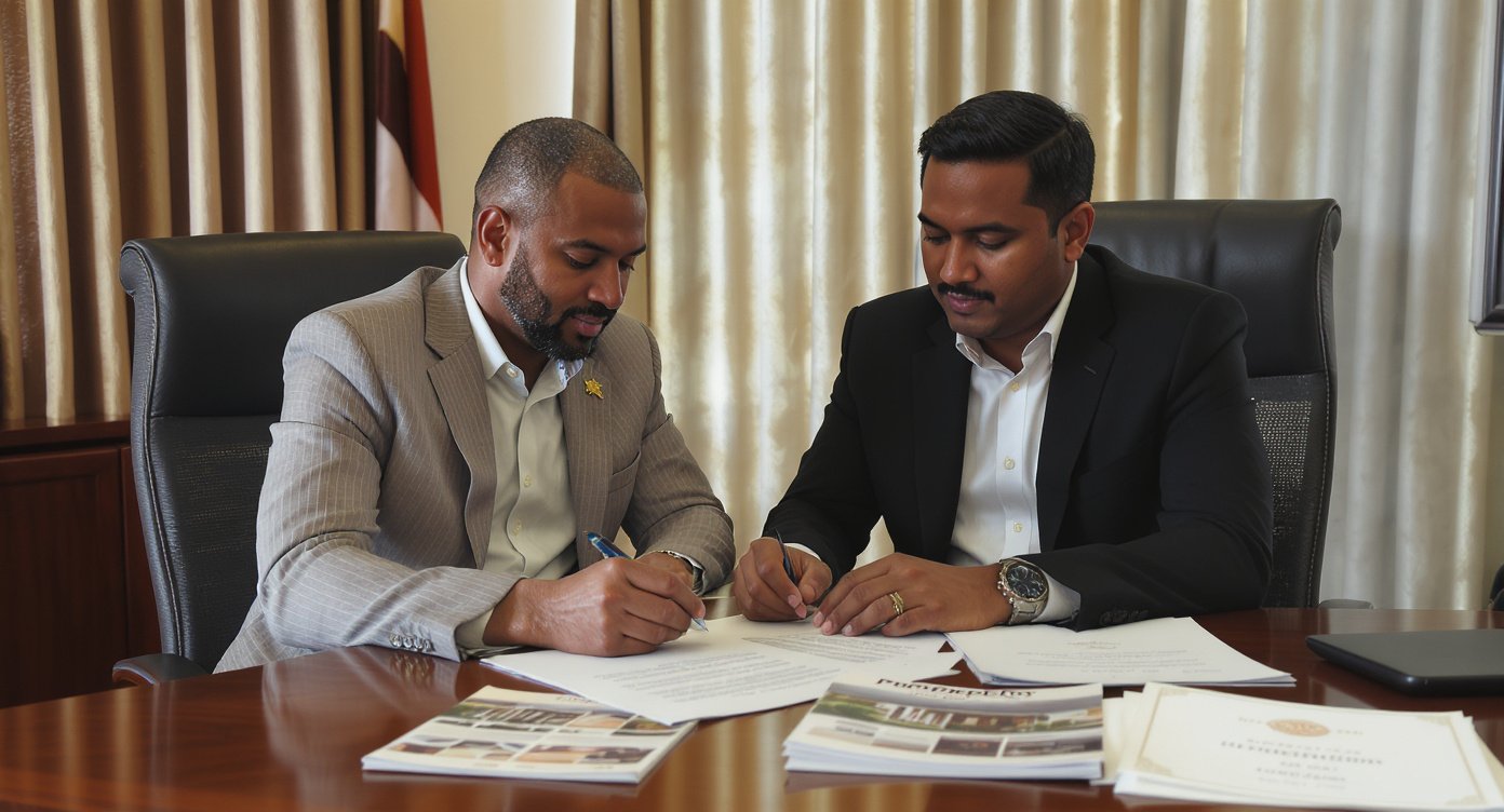 Foreign investor and Indonesian notaris reviewing property purchase documents in Lombok