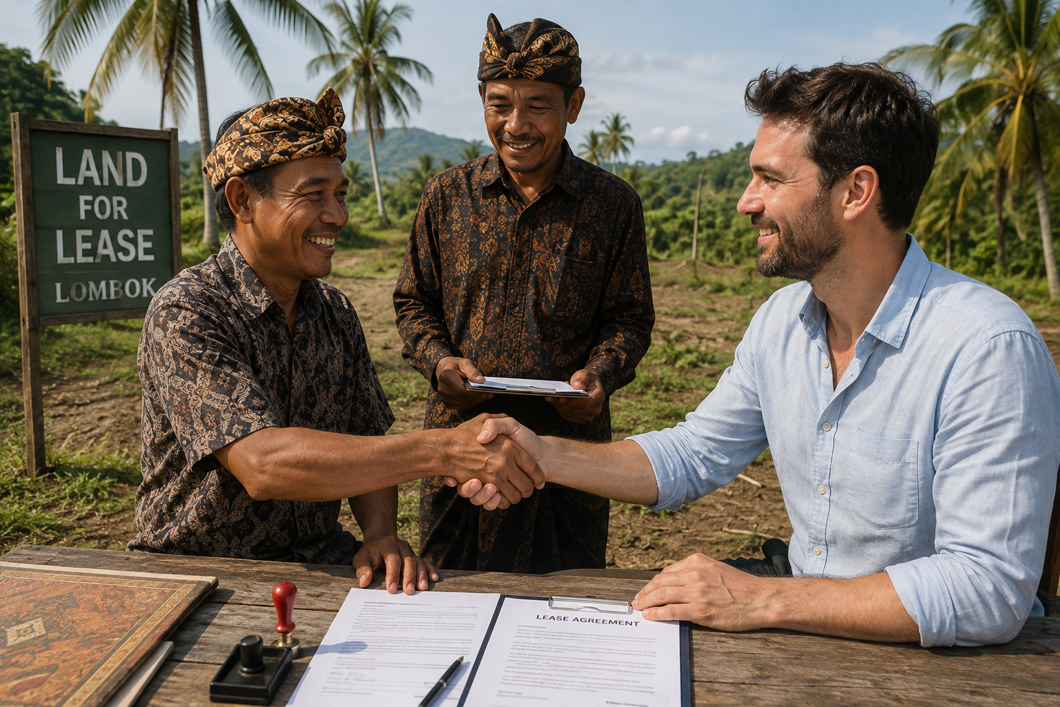 Landowner and foreign investor signing a Hak Sewa lease agreement on land in Lombok