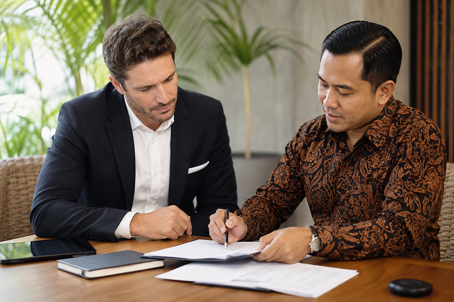 Foreign investor and Indonesian notary reviewing PT PMA company formation documents