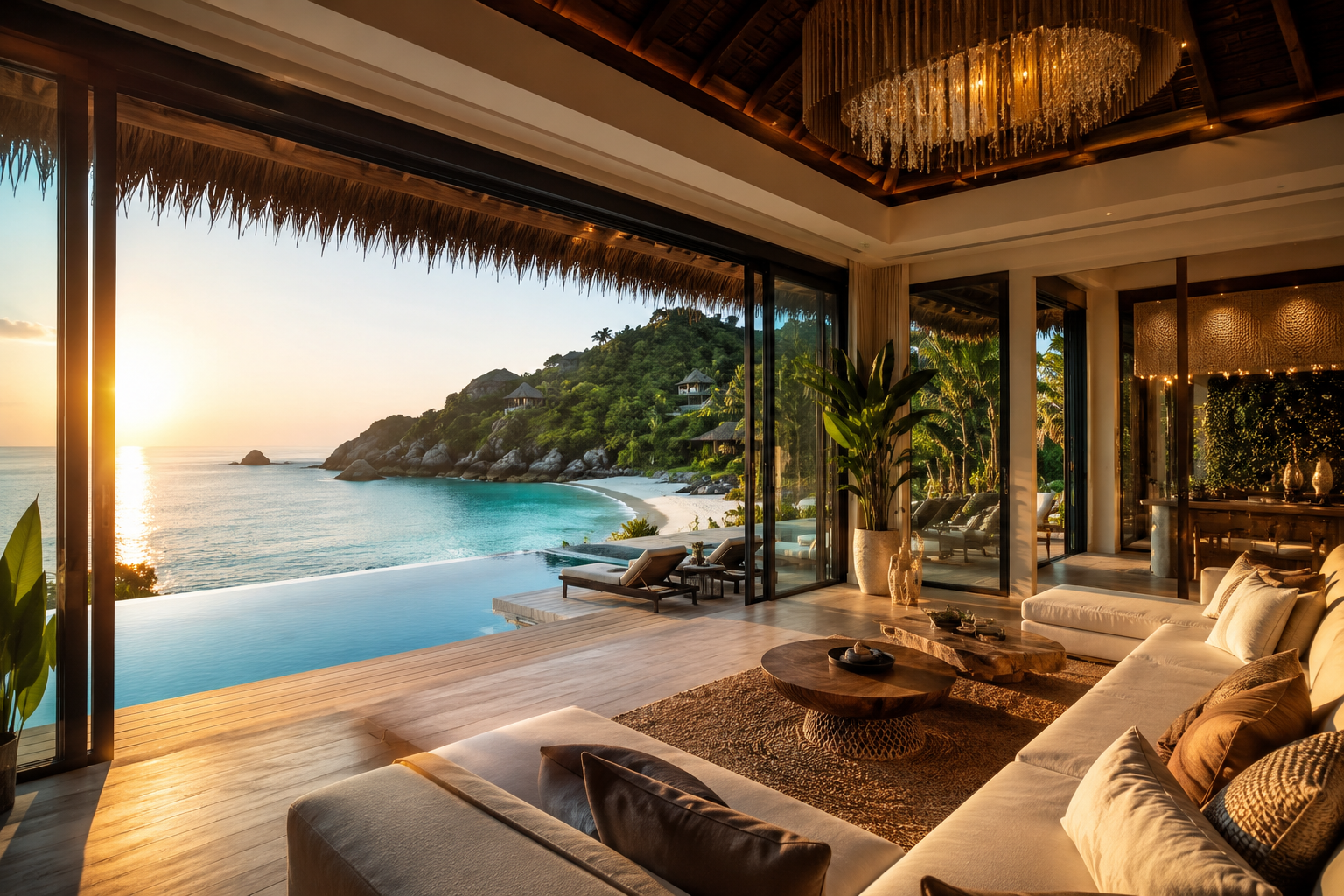 The view from inside: the main villa living space opening onto the private infinity pool and cove.
