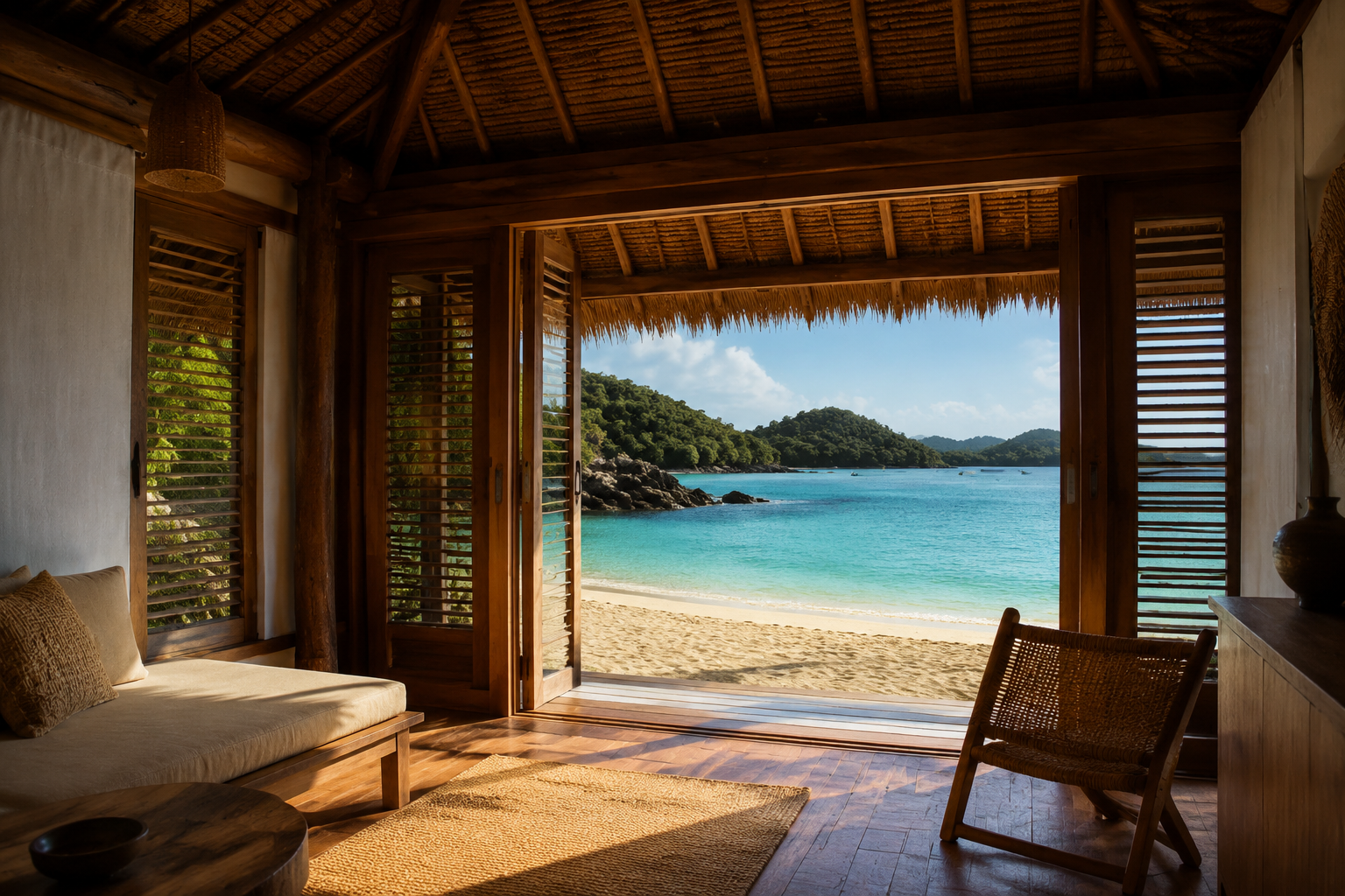The view from inside: a bungalow's open-air living space facing straight onto the bay.