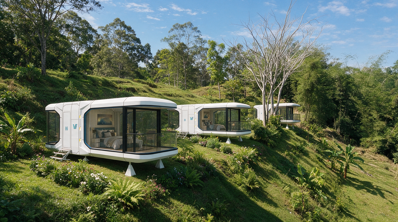 Concept rendering: four capsule glamping pods on the Tetebatu hillside plot