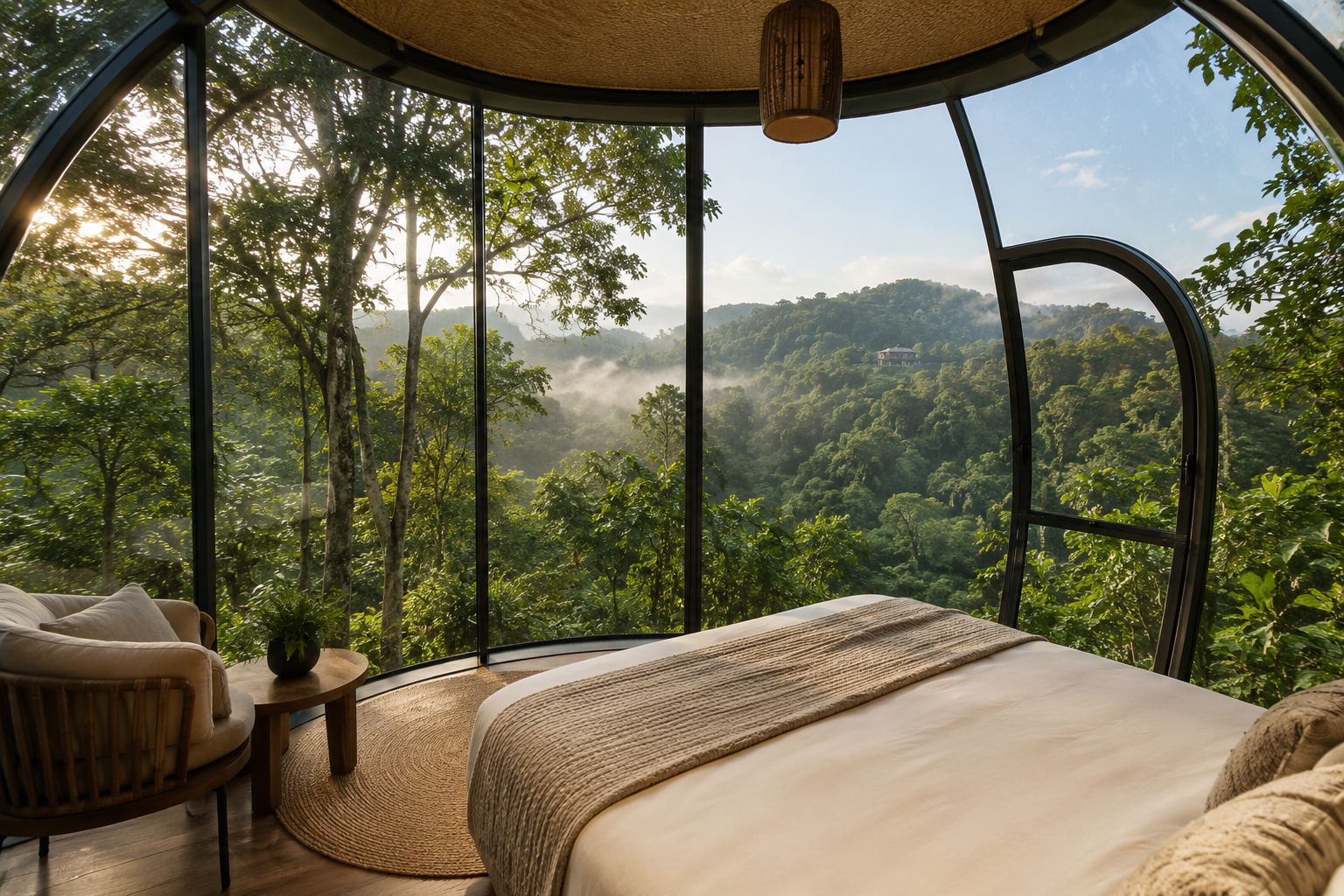 The view from inside: waking up in one of the capsule pods, glass walls facing the forest canopy.