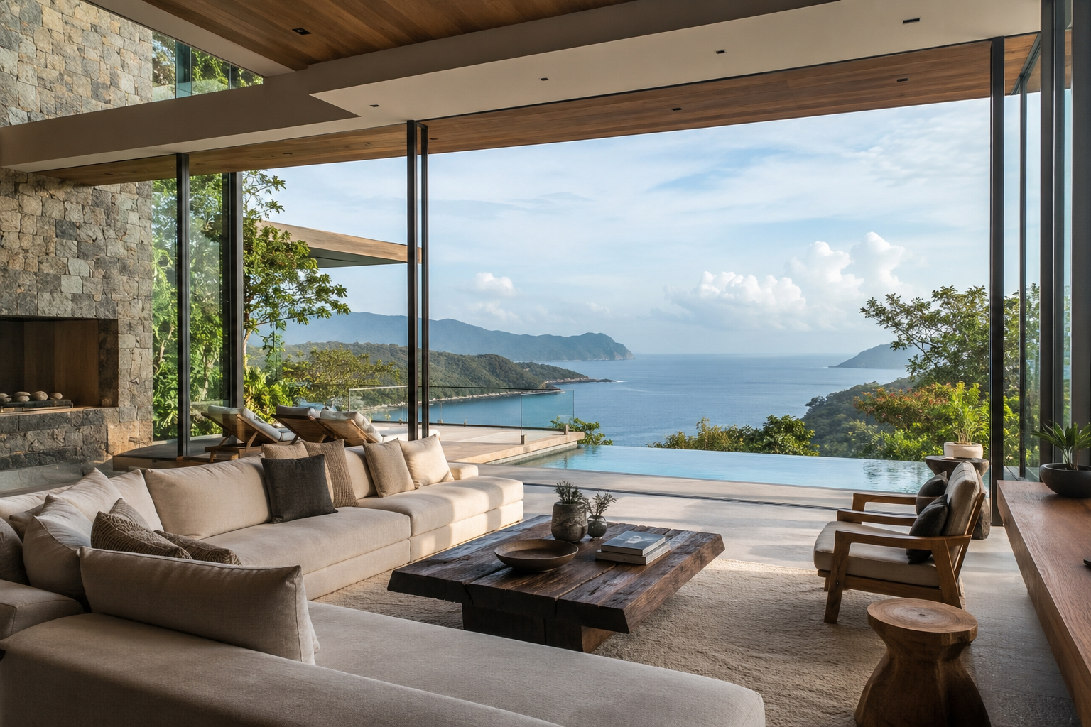 The view from inside: the living room opening onto the infinity pool and Torok Bay.