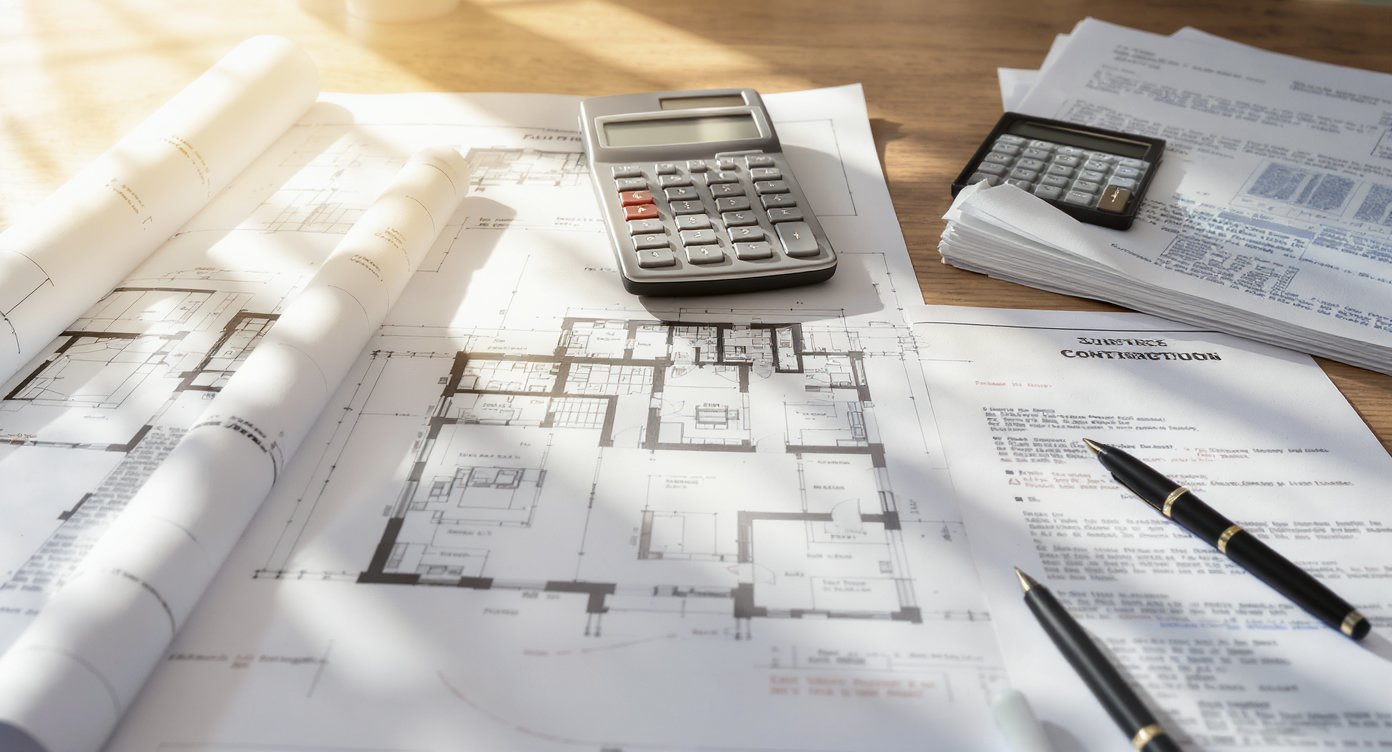Architectural blueprints, calculator and contract documents for villa construction budget planning