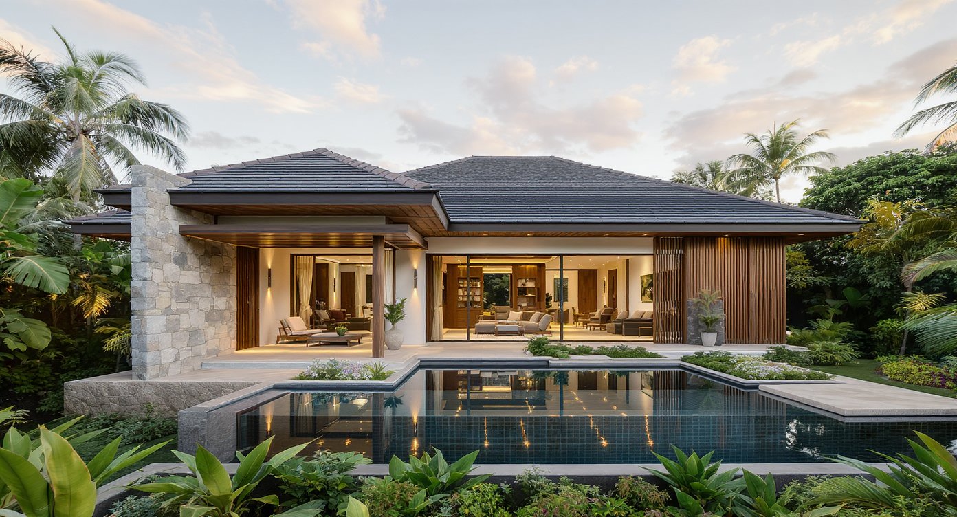Finished modern tropical villa exterior in Lombok with pool and garden