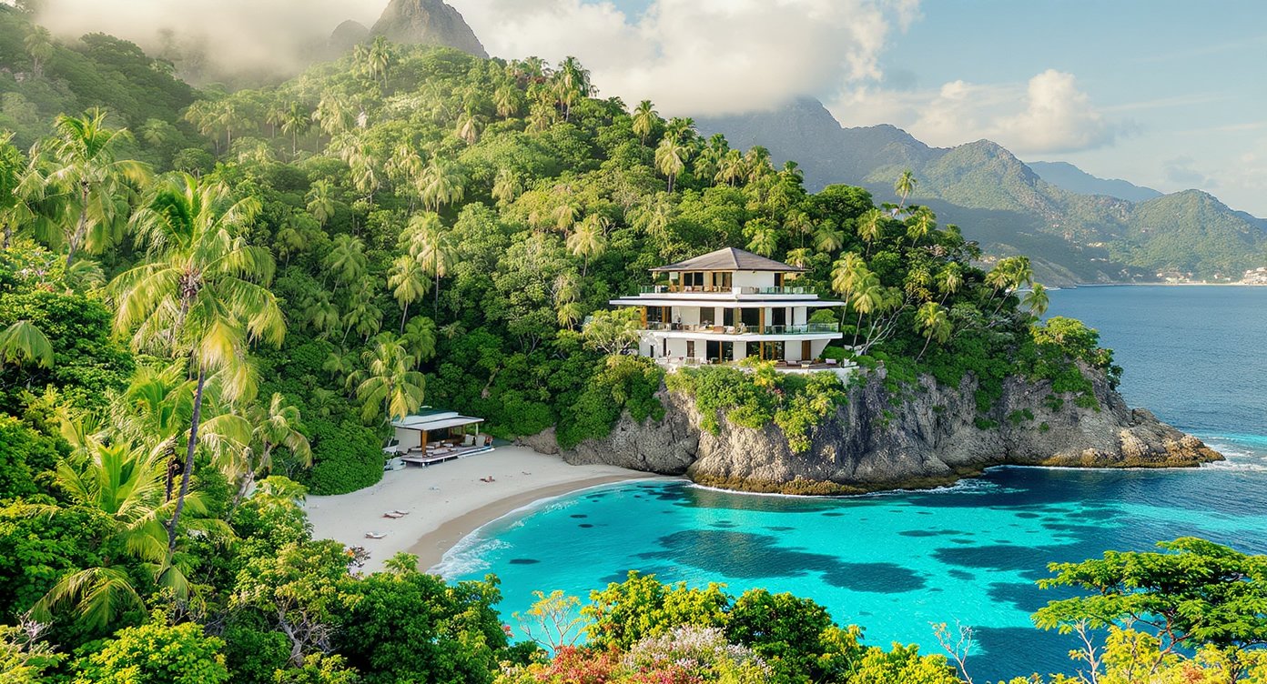 Concept rendering of a cliff-integrated villa overlooking a tropical bay, illustrating the Samara Bay precinct style